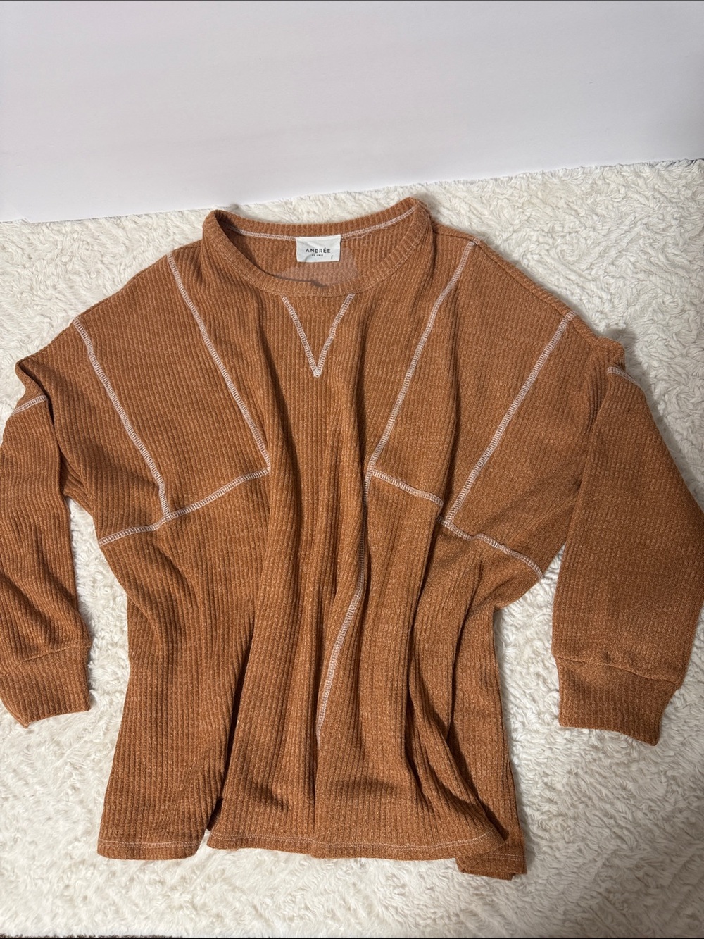Andree Brown Ribbed Crewneck Sweater size S